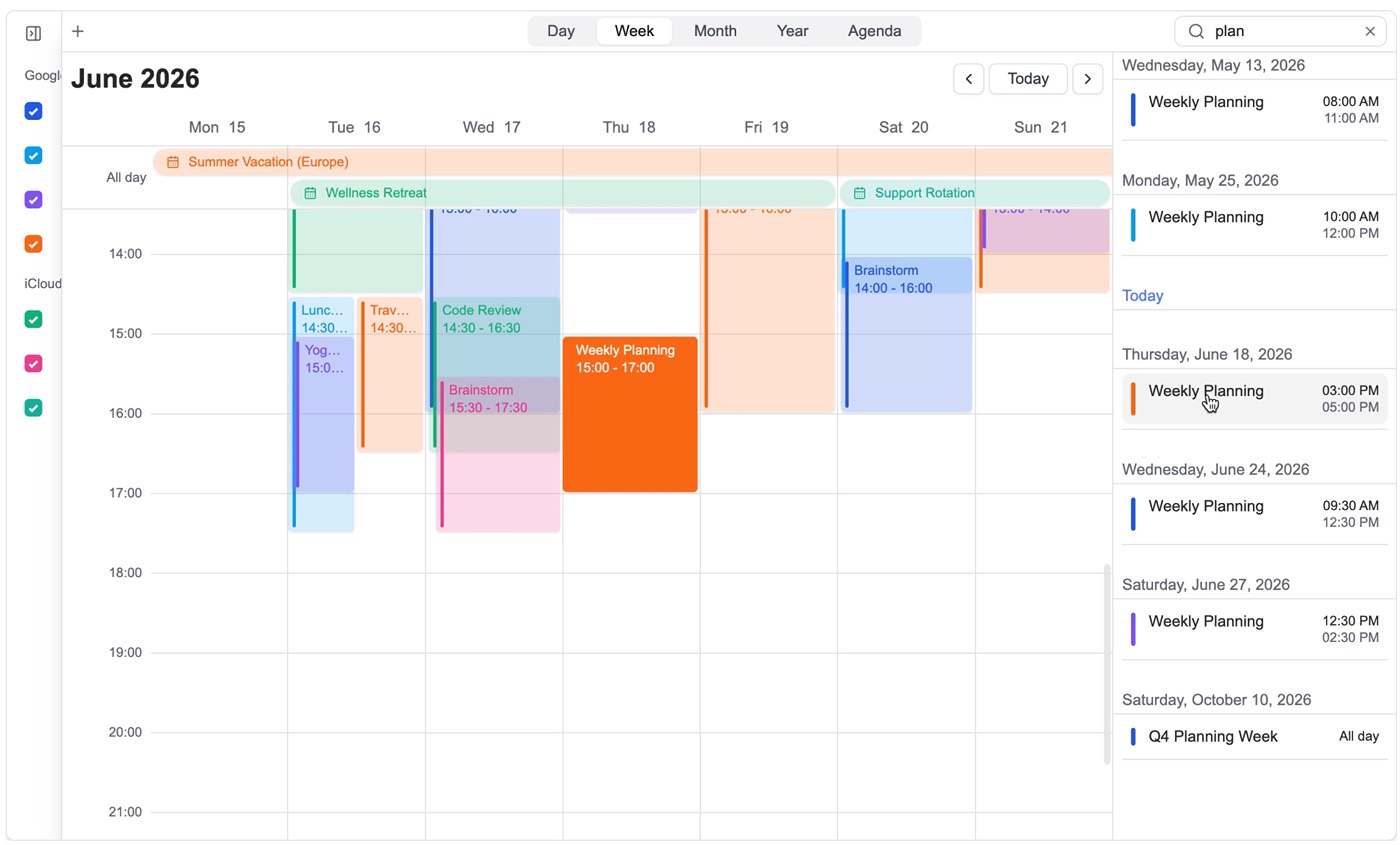 Searching and focusing an event inside the DayFlow calendar