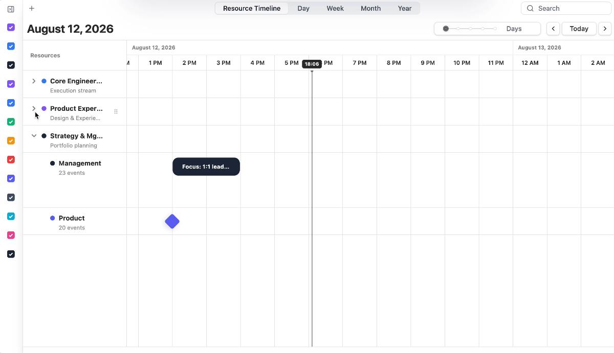 Grouping and reordering resources on the DayFlow resource timeline