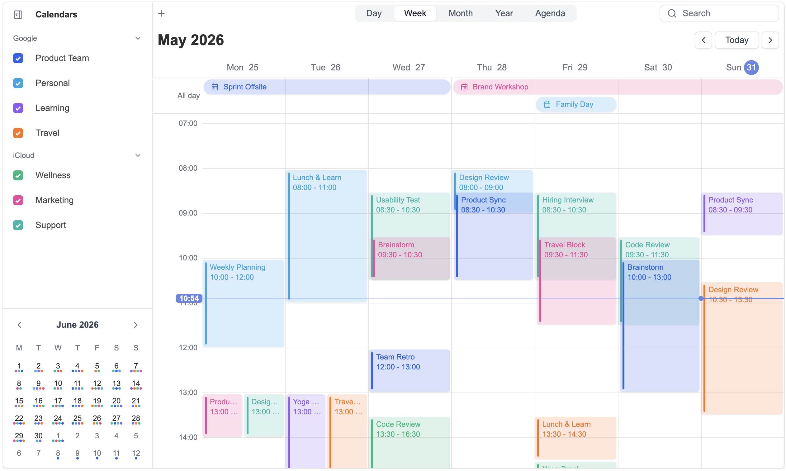 DayFlow week calendar with multiple calendars, events, sidebar, and search