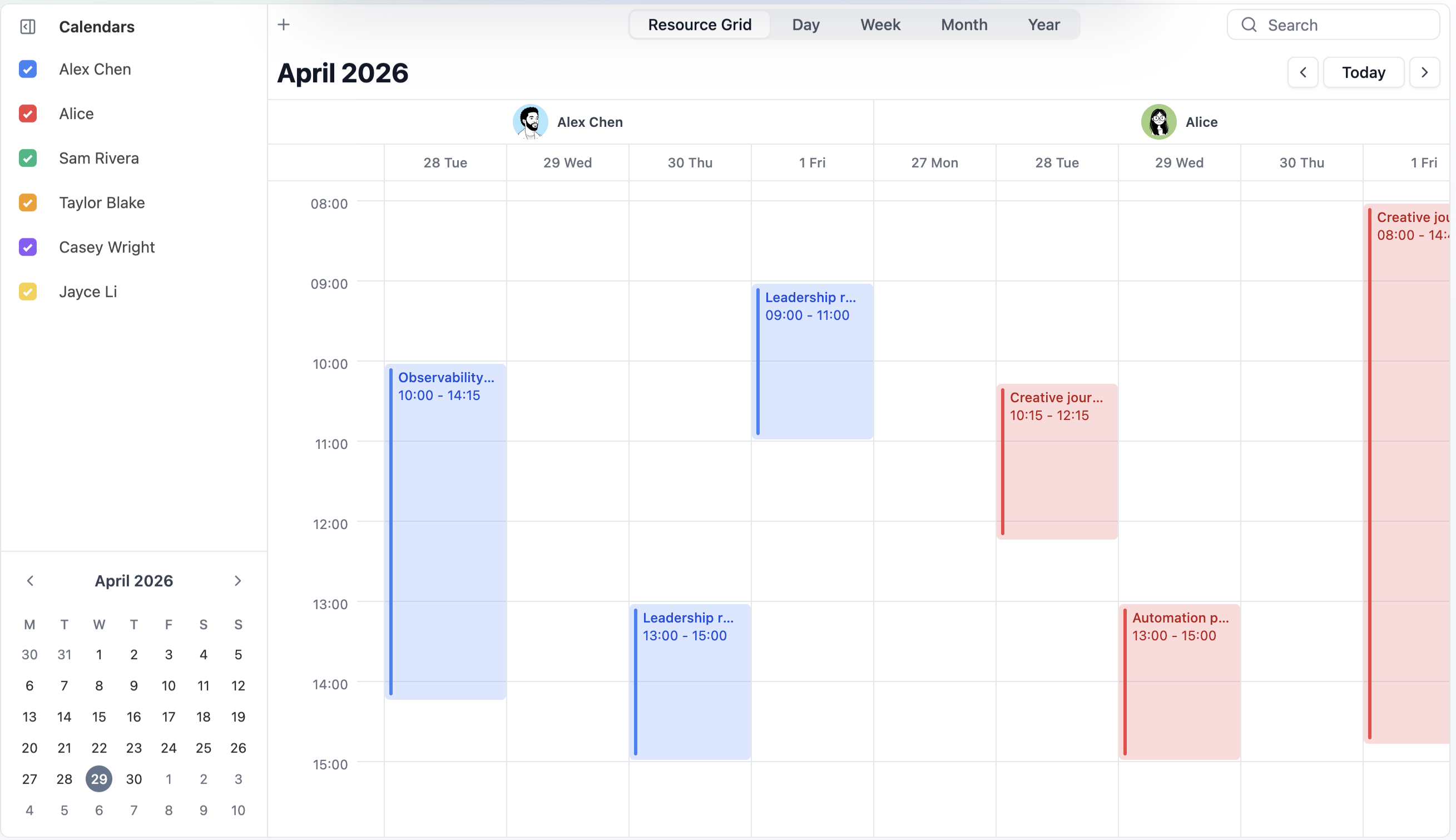 DayFlow resource grid view showing schedules by resource